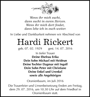 Traueranzeige von Hardi Rickert von Mitteldeutsche Zeitung Wittenberg