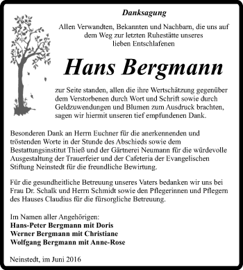 Traueranzeige von Hans Bergmann von Super Sonntag Quedlinburg