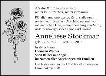 Traueranzeige von Anneliese Stockmar von Mitteldeutsche Zeitung Sangerhausen