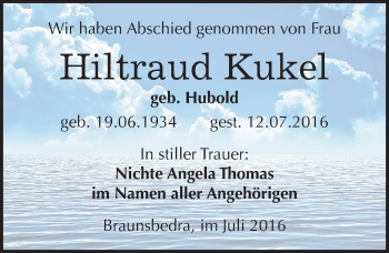 Traueranzeige von Hiltraud Kukel von Mitteldeutsche Zeitung Merseburg/Querfurt