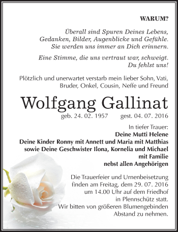 Traueranzeige von Wolfgang Gallinat von Mitteldeutsche Zeitung Weißenfels