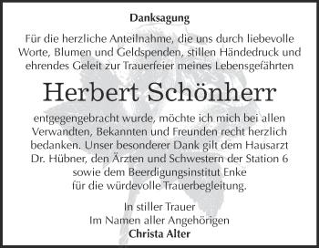 Traueranzeige von Herbert Schönherr von WVG - Wochenspiegel Dessau / Köthen