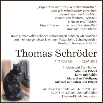Traueranzeige von Thomas Schröder von WVG - Wochenspiegel Dessau / Köthen
