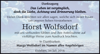 Traueranzeige von Horst Wolfsdorf von Mitteldeutsche Zeitung Mansfelder Land