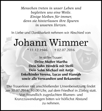 Traueranzeige von Johann Wimmer von Mitteldeutsche Zeitung Bitterfeld