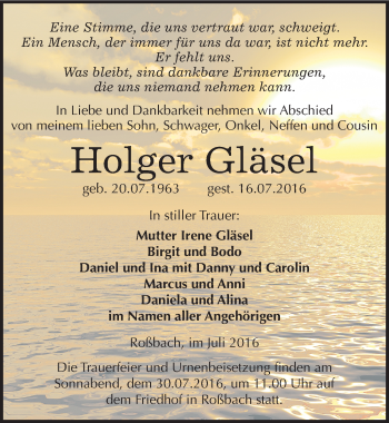 Traueranzeige von Holger Gläsel von Mitteldeutsche Zeitung Merseburg/Querfurt