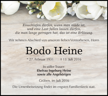 Traueranzeige von Bodo Heine von WVG - Wochenspiegel NMB / WSF / ZTZ