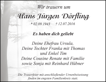 Traueranzeige von Hans Jürgen Dörfling von WVG - Wochenspiegel Dessau / Köthen