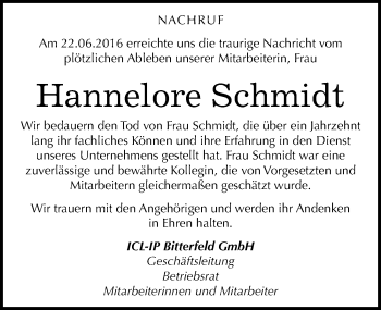 Traueranzeige von Hannelore Schmidt von Mitteldeutsche Zeitung Bitterfeld