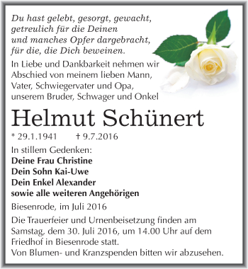 Traueranzeige von Helmut Schünert von Mitteldeutsche Zeitung Mansfelder Land