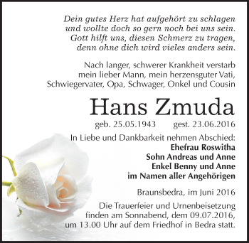 Traueranzeige von Hans Zmuda von Mitteldeutsche Zeitung Merseburg/Querfurt