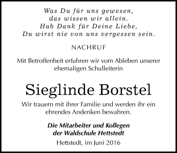 Traueranzeige von Sieglinde Borstel von Mitteldeutsche Zeitung Mansfelder Land