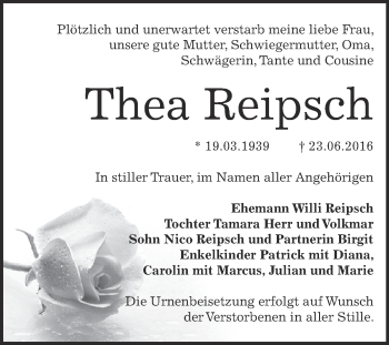 Traueranzeige von Thea Reipsch von Super Sonntag Bernburg