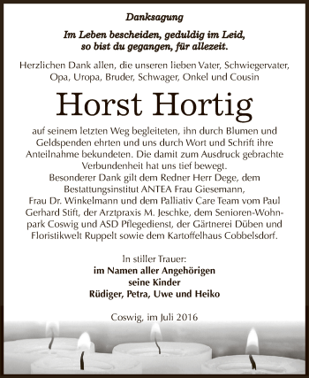 Traueranzeige von Horst Hortig von WVG - Wochenspiegel Dessau / Köthen