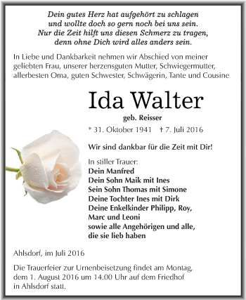 Traueranzeige von Ida Walter von Wochenspiegel Mansfelder Land