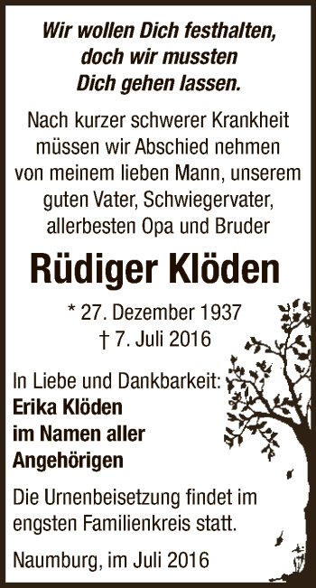 Traueranzeige von Rüdiger Klöden von WVG - Wochenspiegel NMB / WSF / ZTZ