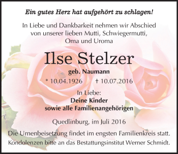 Traueranzeige von Ilse Stelzer von Mitteldeutsche Zeitung Quedlinburg