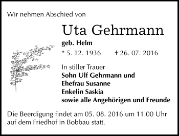 Traueranzeige von Uta Gehrmann von Mitteldeutsche Zeitung Bitterfeld