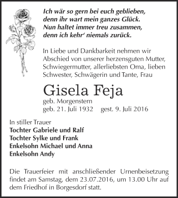 Traueranzeige von Gisela Feja von Super Sonntag Bernburg