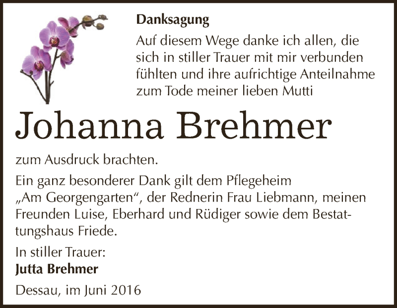  Traueranzeige für Johanna Brehmer vom 09.07.2016 aus WVG - Wochenspiegel Dessau / Köthen