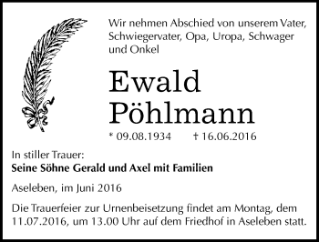 Traueranzeige von Ewald Pöhlmann von Mitteldeutsche Zeitung Mansfelder Land