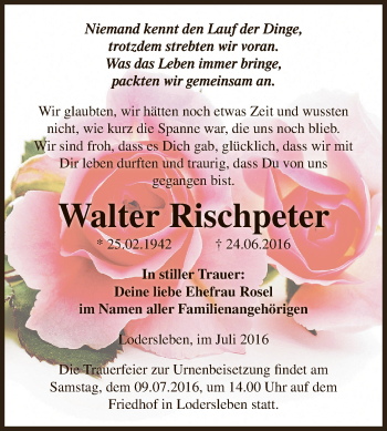 Traueranzeige von Walter Rischpeter von WVG - Wochenspiegel NMB / WSF / ZTZ