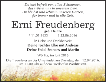Traueranzeige von Erni Freudenberg von WVG - Wochenspiegel Wittenberg