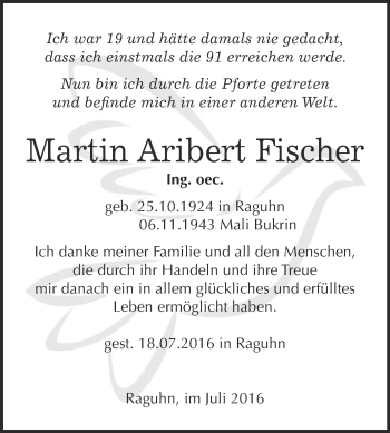 Traueranzeige von Martin Aribert Fischer von WVG - Wochenspiegel Bitterfeld