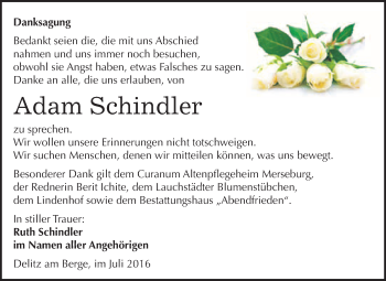 Traueranzeige von Adam Schindler von WVG - Wochenspiegel Merseburg