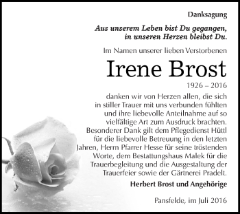 Traueranzeige von Irene Brost von Super Sonntag SGH Mansf. Land