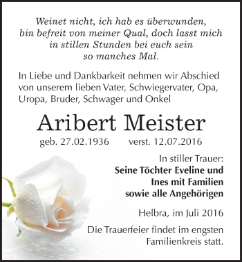 Traueranzeige von Aribert Meister von Mitteldeutsche Zeitung Mansfelder Land