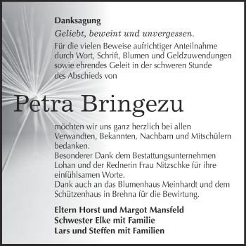 Traueranzeige von Petra Bringezu von WVG - Wochenspiegel Bitterfeld