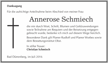 Traueranzeige von Annerose Schmiech von Super Sonntag Merseburg