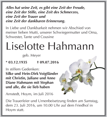 Traueranzeige von Liselotte Hahmann von Mitteldeutsche Zeitung Aschersleben