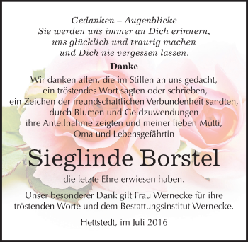 Traueranzeige von Sieglinde Borstel von Mitteldeutsche Zeitung Mansfelder Land
