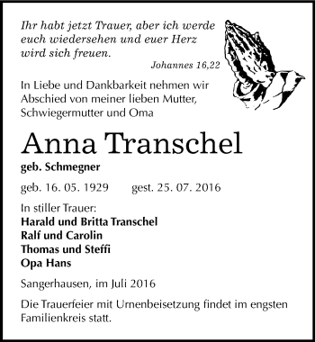 Traueranzeige von Anna Transchel von Mitteldeutsche Zeitung Sangerhausen