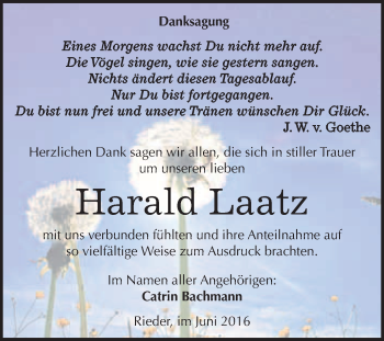 Traueranzeige von Harald Laatz von WVG - Wochenspiegel Quedlinburg