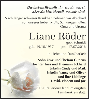 Traueranzeige von Liane Röder von Super Sonntag Bernburg