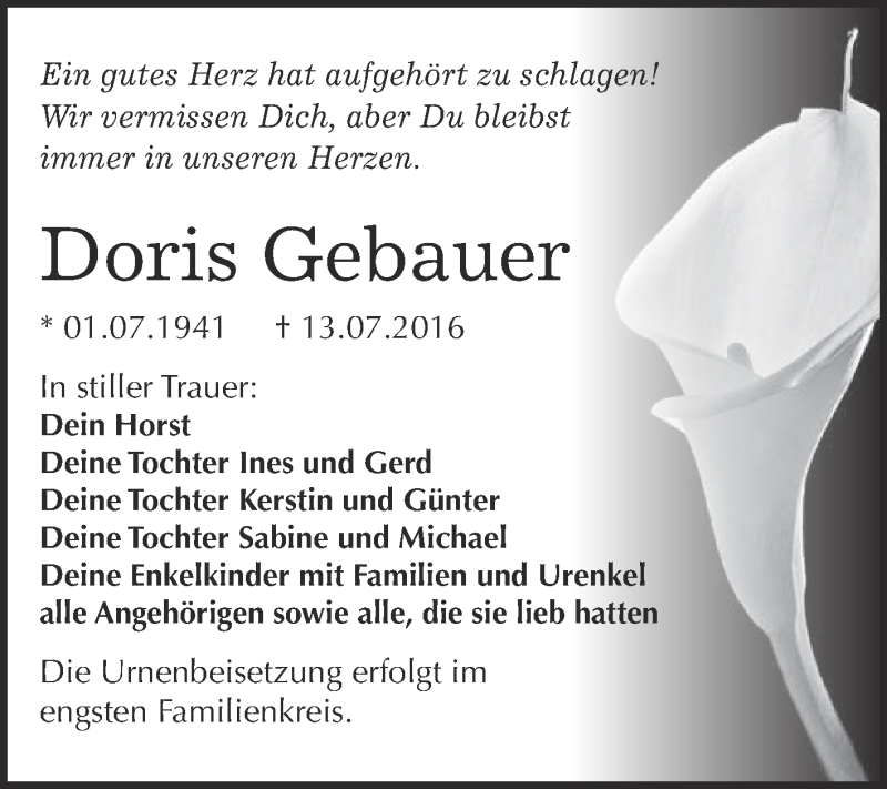  Traueranzeige für Doris Gebauer vom 20.07.2016 aus WVG - Wochenspiegel Bitterfeld