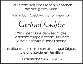 Traueranzeige von Gertrud Eichler von Super Sonntag Aschersleben