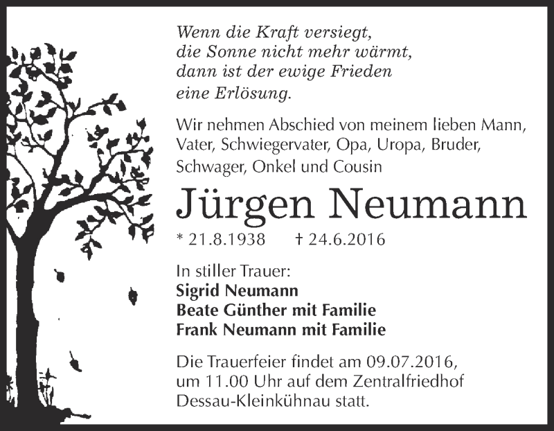  Traueranzeige für Jürgen Neumann vom 02.07.2016 aus WVG - Wochenspiegel Dessau / Köthen