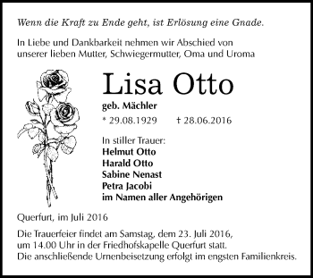 Traueranzeige von Lisa Otto von WVG - Wochenspiegel Merseburg