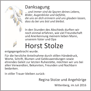 Traueranzeige von Horst Stolze von Super Sonntag Wittenberg