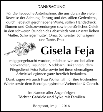 Traueranzeige von Gisela Feja von Mitteldeutsche Zeitung Bernburg