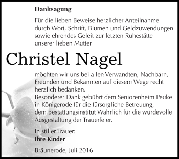 Traueranzeige von Christel Nagel von Wochenspiegel Mansfelder Land