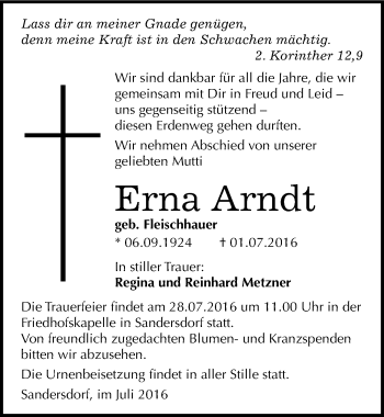 Traueranzeige von Erna Arndt von Mitteldeutsche Zeitung Bitterfeld