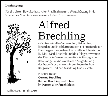Traueranzeige von Alfred Brechling von Super Sonntag SGH Mansf. Land