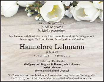 Traueranzeige von Hannelore Lehmann von Mitteldeutsche Zeitung Quedlinburg