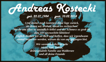 Traueranzeige von Andreas Kostecki von WVG - Wochenspiegel Dessau / Köthen