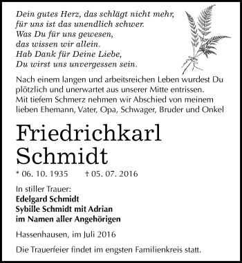 Traueranzeige von Friedrichkarl Schmidt von Mitteldeutsche Zeitung Naumburg/Nebra